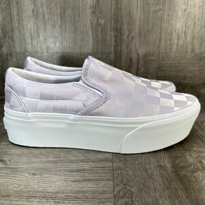 Vans Slip-On Stackform Women 11 Lavender Purple Satin Checkerboard Platform NEW